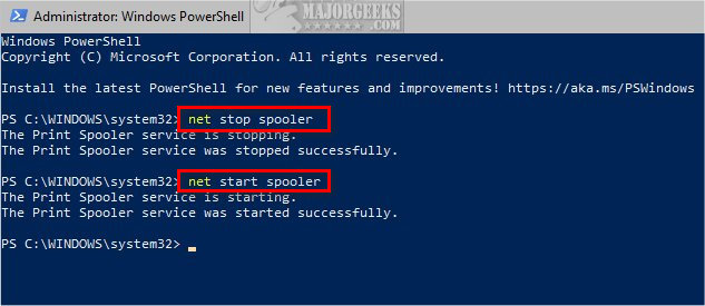Open Command Prompt as an administrator.
Type net stop spooler and press Enter to stop the Print Spooler service.