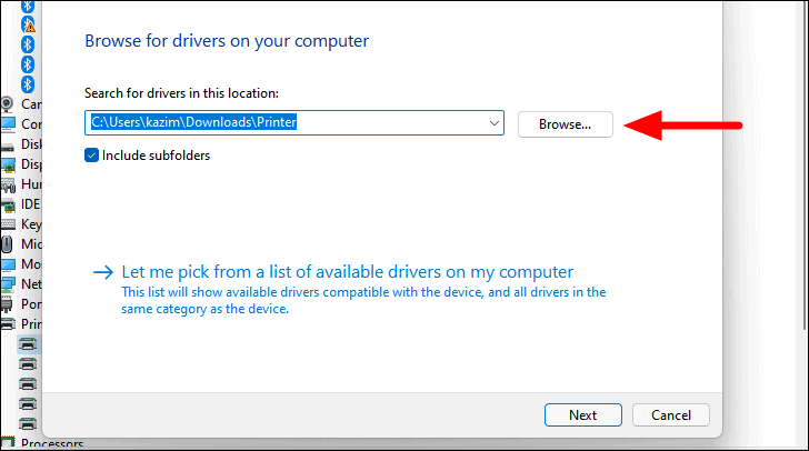 Right-click on your printer and select Update driver.
Choose the option to Browse my computer for drivers and locate the downloaded drivers.